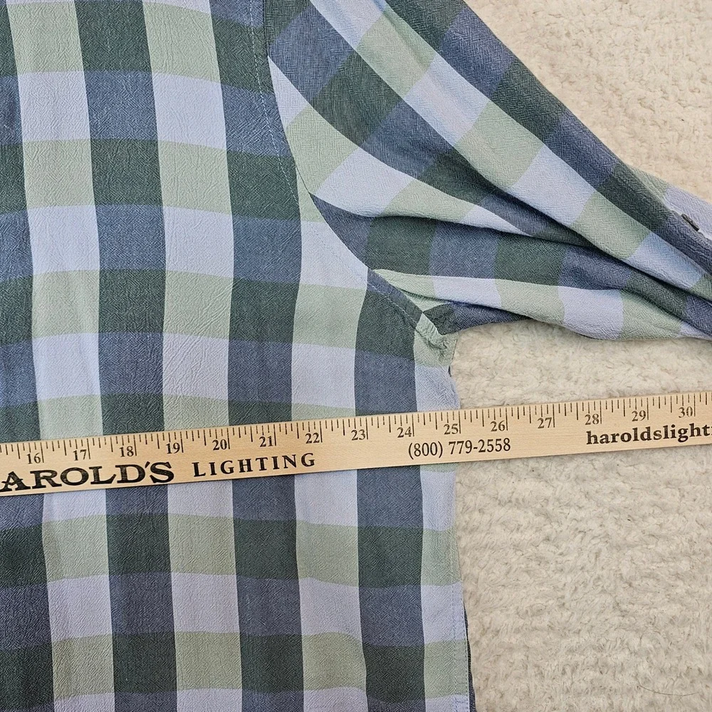 Perry Ellis Mens XXL Blue Green Plaid Viscose Long Sleeve Roll Tab Button Shirt